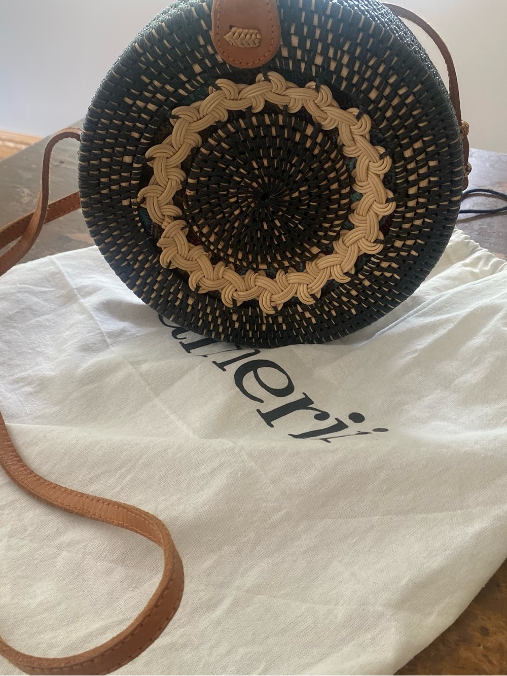 Round Canteen Navy and Natural Woven Crossbody Bag with Tan Leather Strap